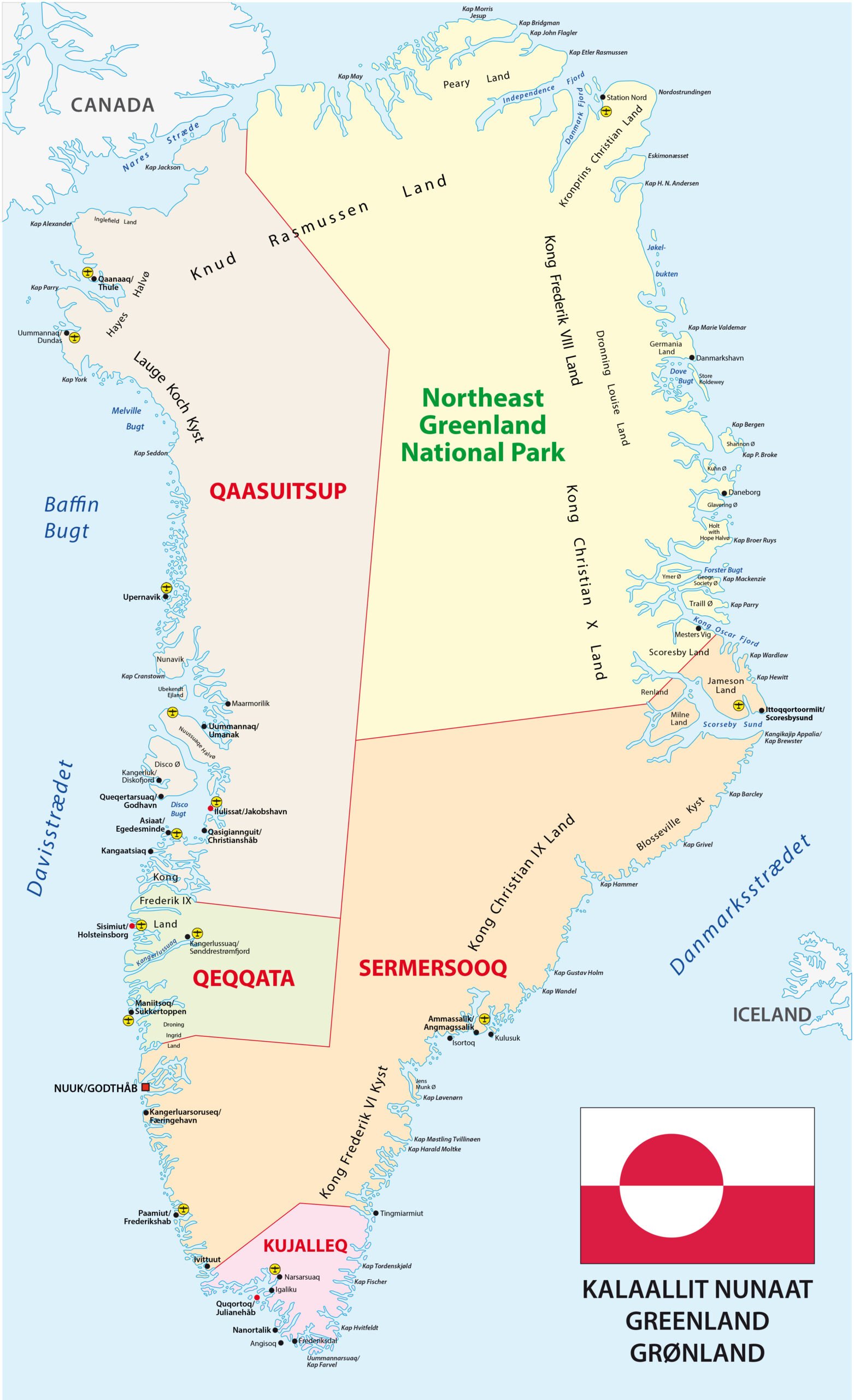 administrative and political vector map with flag of the state greenland